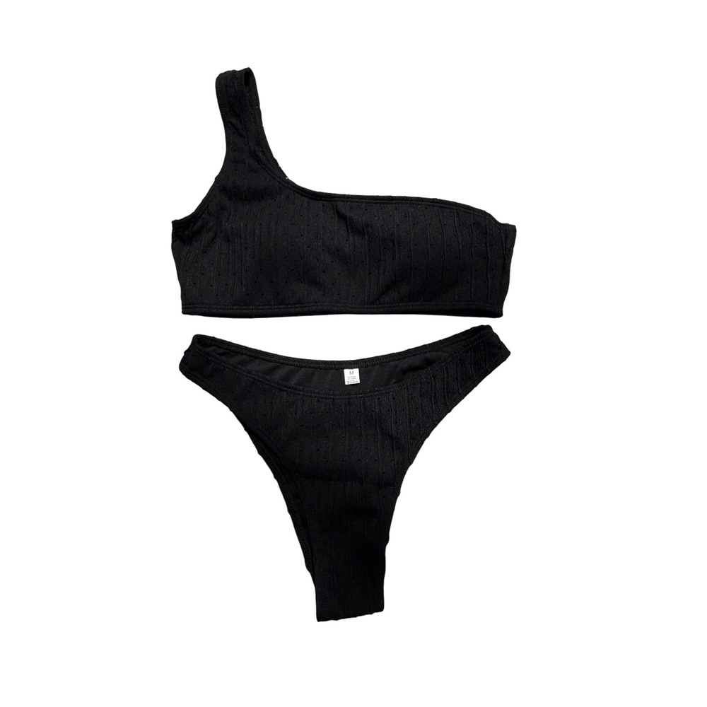 Ribbed One Shoulder Bikini Set - Sexy Swimsuit - Black -‎ Size M